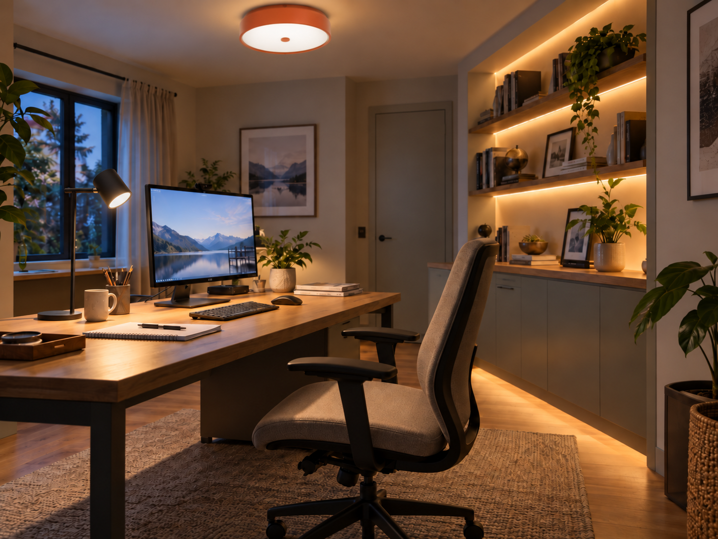 Studio in casa con luce generale da soffitto e strisce LED integrate in veletta e profili