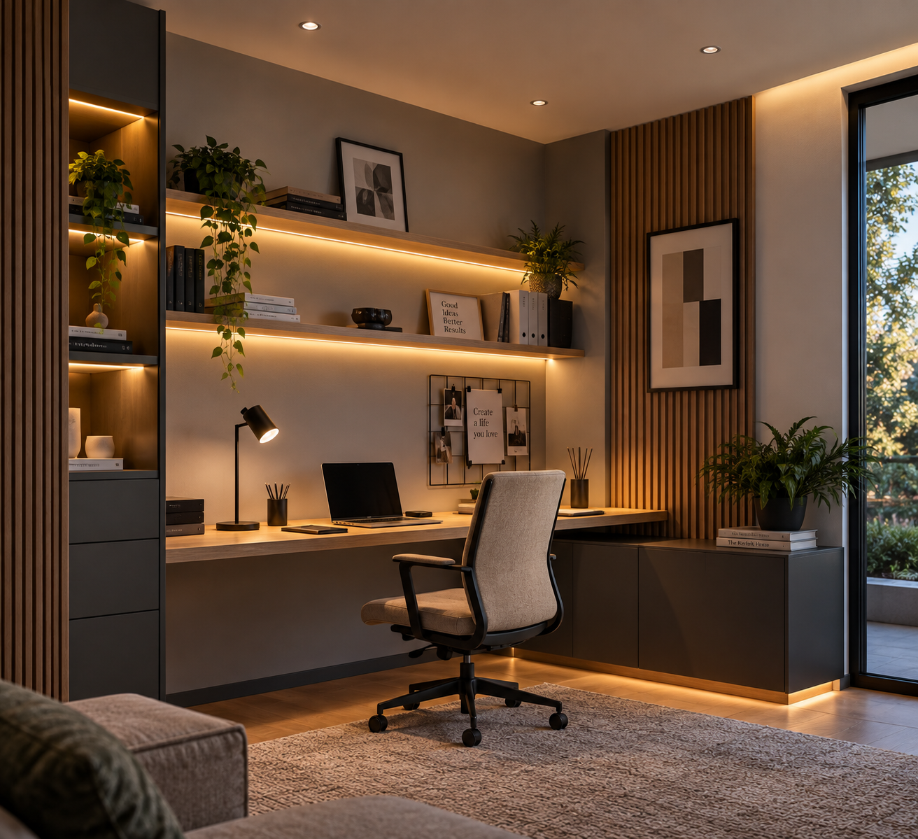 Faretti LED da incasso posizionati in base alla scrivania e al monitor nell’angolo smart working