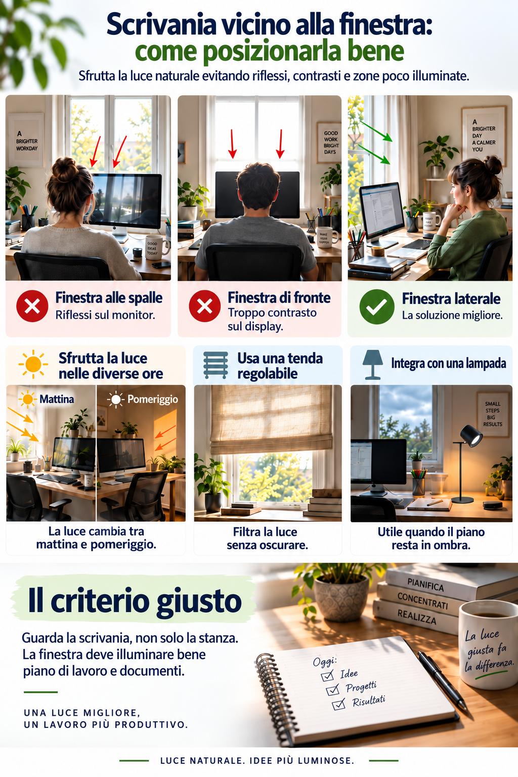 Come posizionare la scrivania vicino alla finestra: luce naturale laterale rispetto al monitor