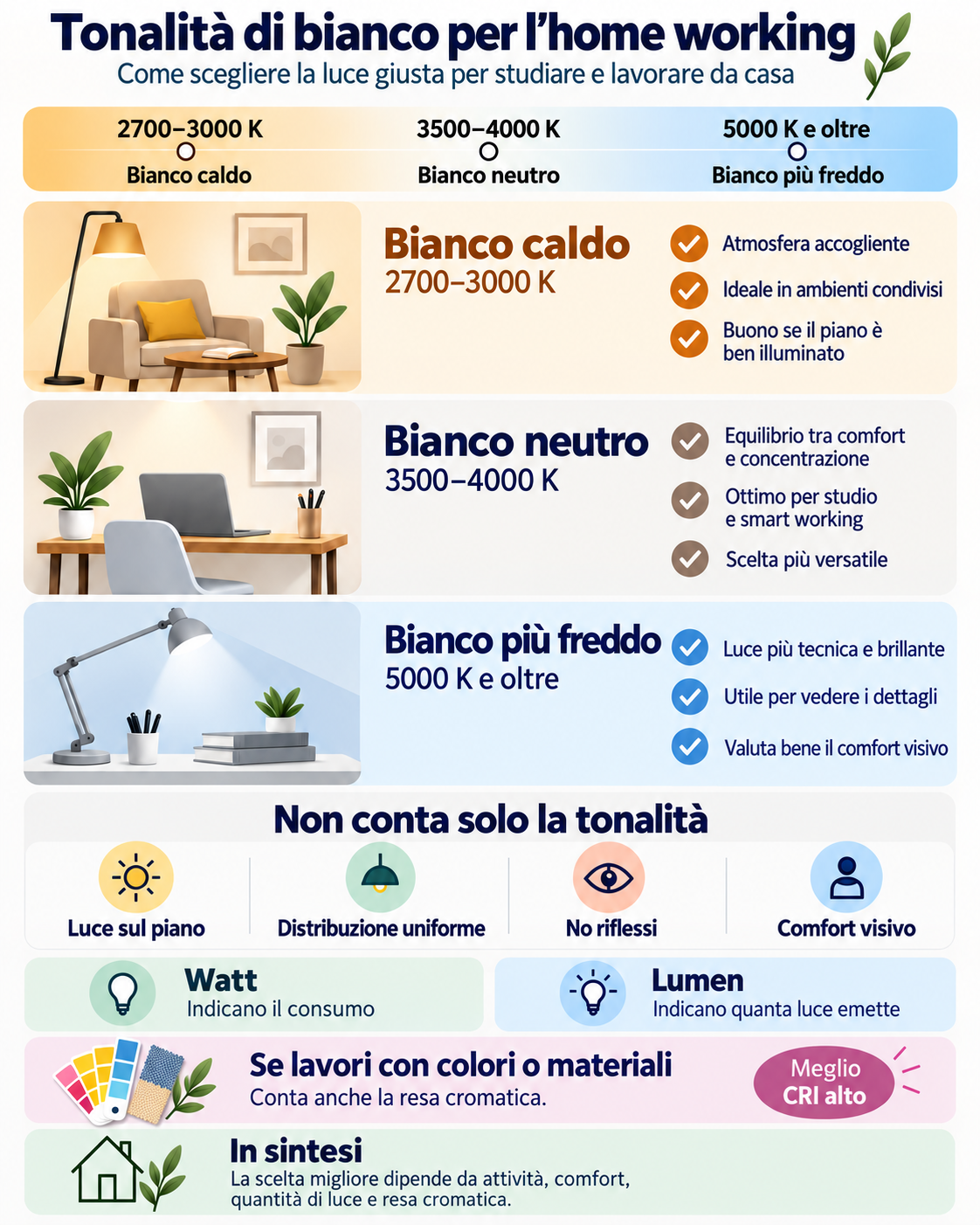 Guida alle tonalità di luce per lavorare da casa: bianco caldo 3000 K e bianco neutro 4000 K