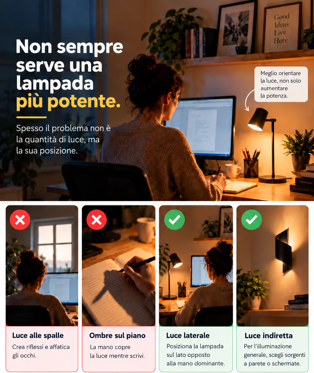 Guida alla posizione della luce sulla scrivania per evitare riflessi sul monitor e ombre sui documenti