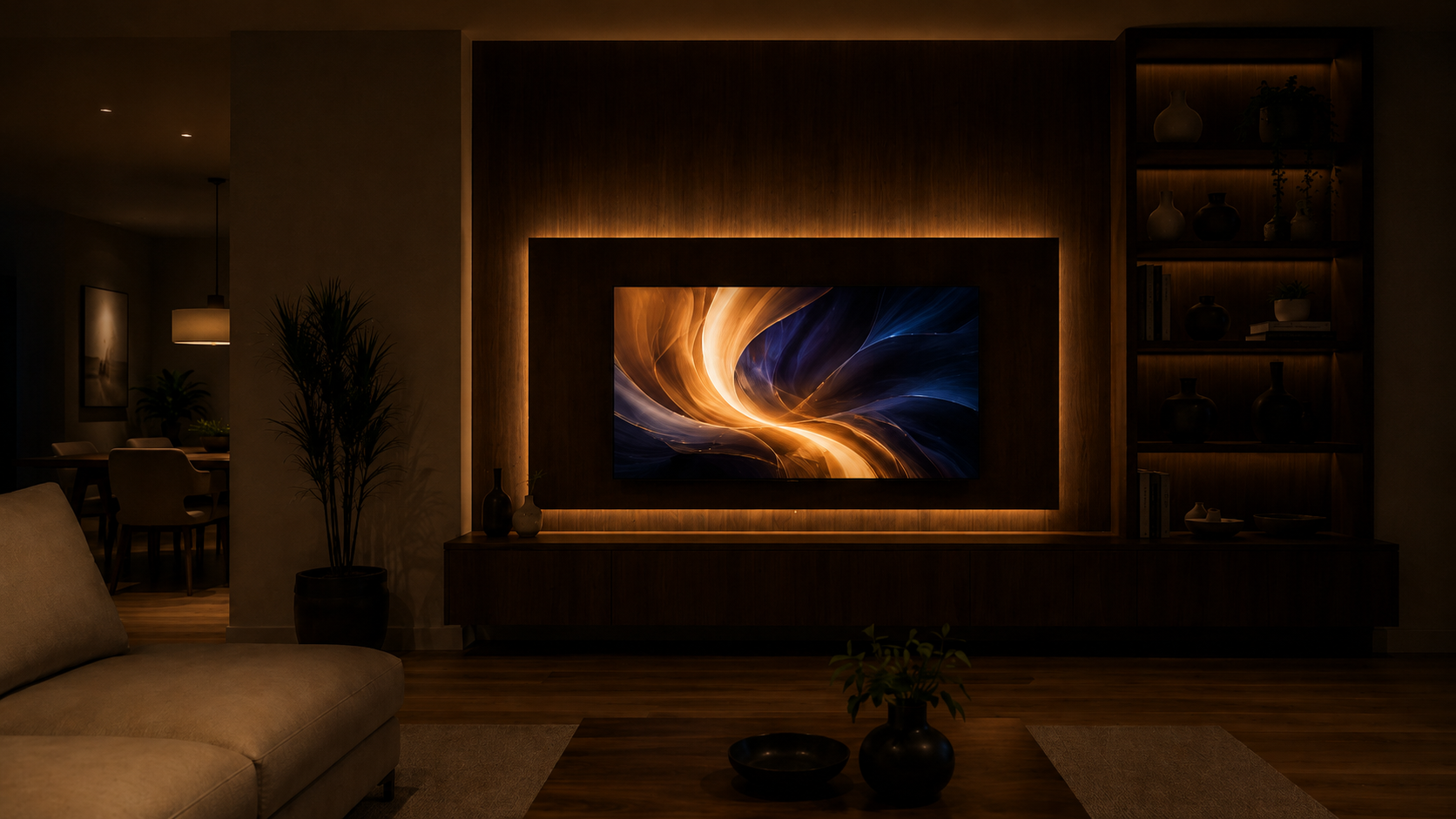 Illuminazione indiretta della zona TV in soggiorno