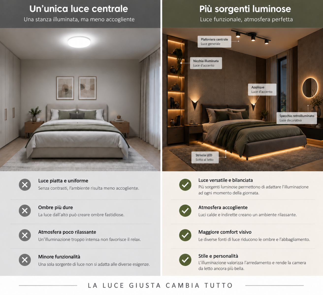 Infografica: come scegliere l'illuminazione generale della camera da letto