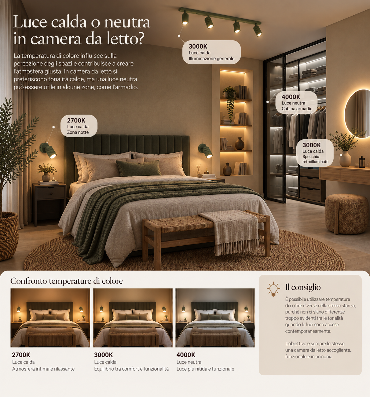 Infografica: luce calda 2700K-3000K o neutra 4000K in camera da letto