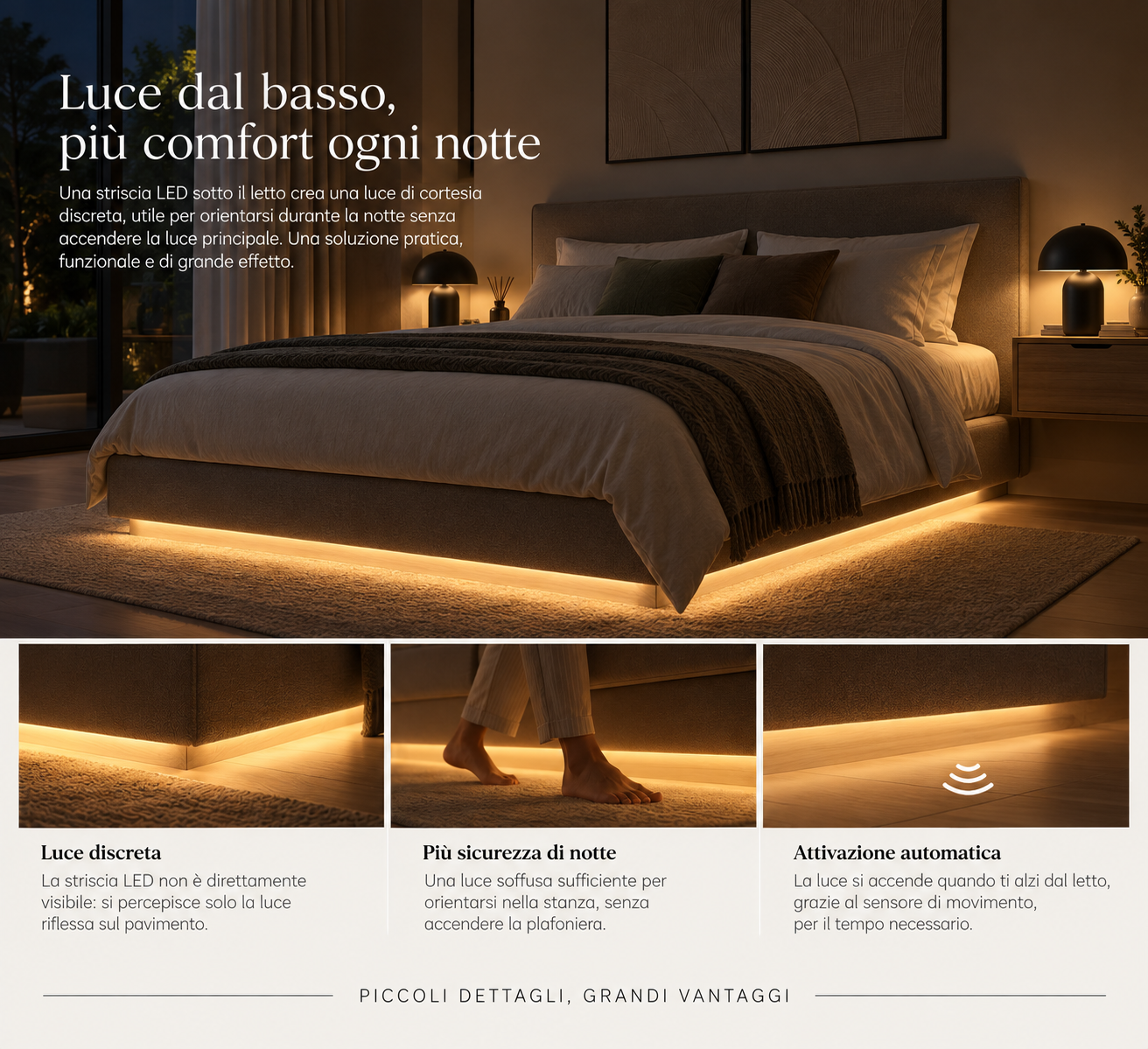 Striscia LED sotto il letto come luce notturna di cortesia