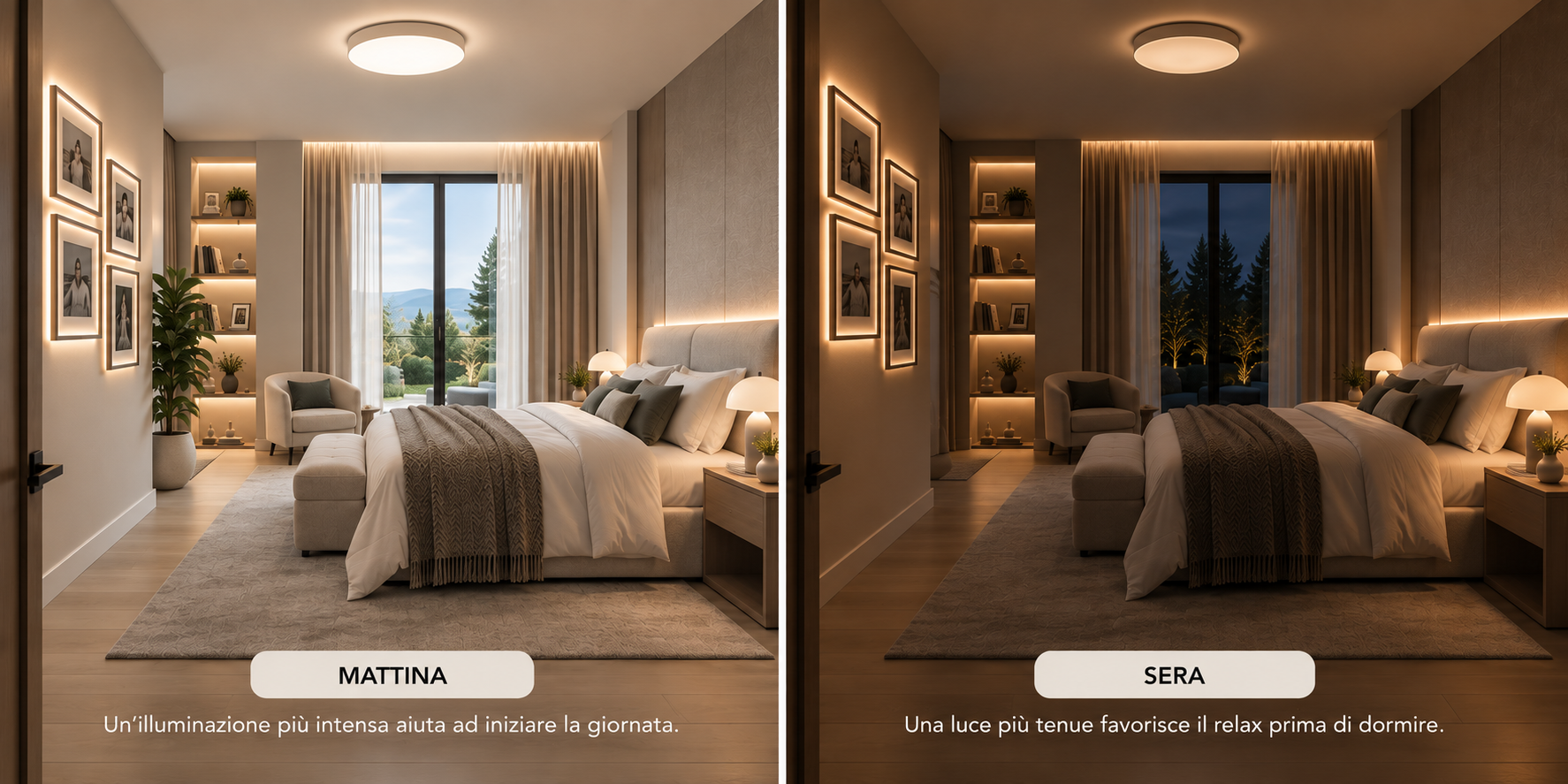 Camera da letto con LED dimmerabili: luce intensa e luce soffusa a confronto