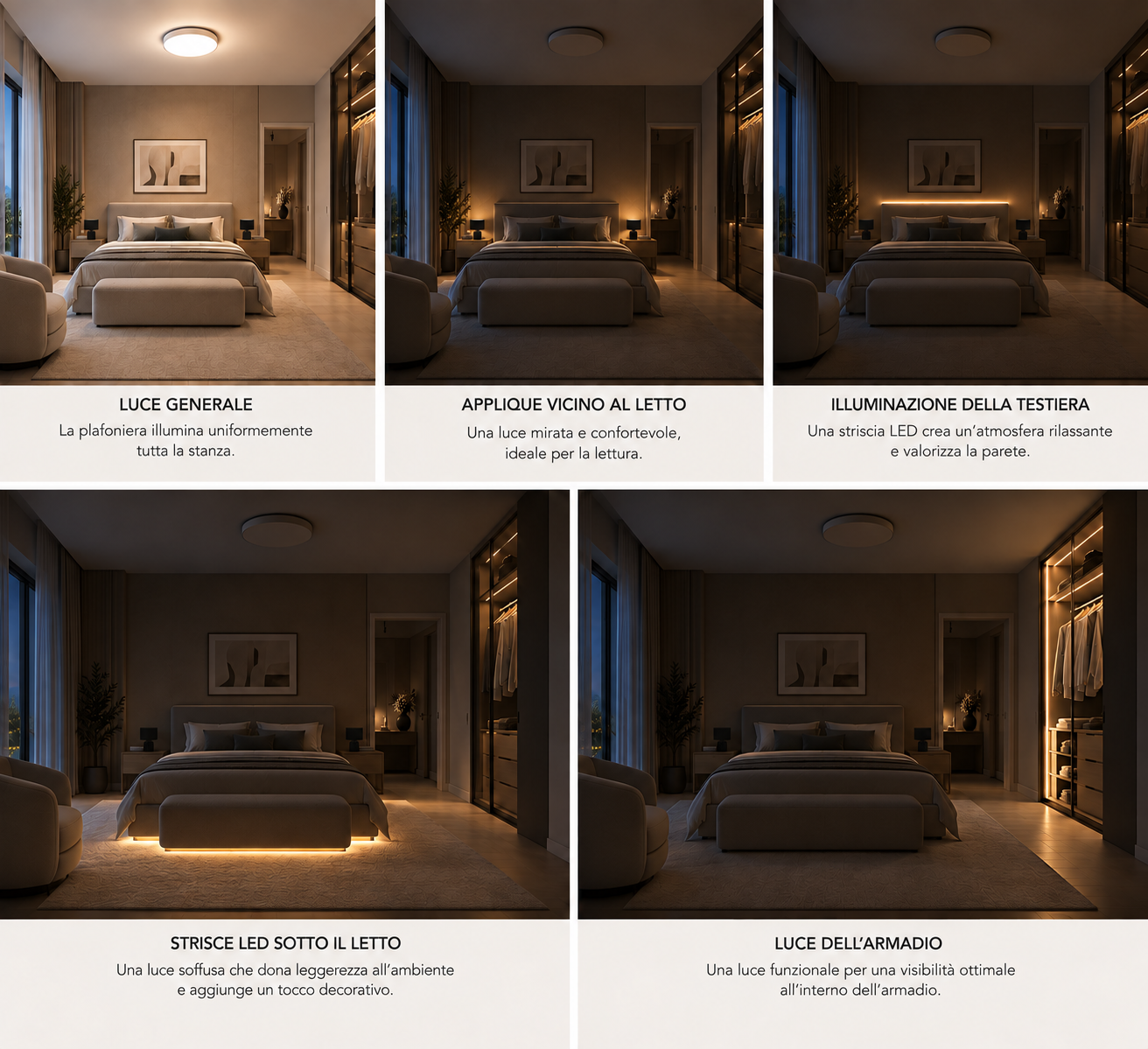 Schema di illuminazione della camera da letto con circuiti indipendenti