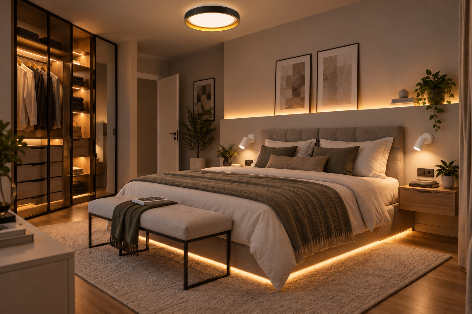 Camera da letto illuminata con LED: luce generale, applique e strisce LED