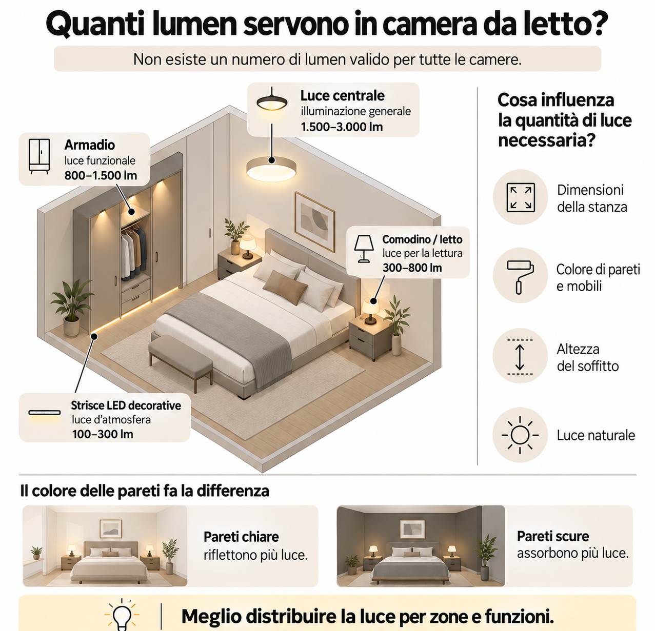 Infografica: quanti lumen servono in camera da letto per zona