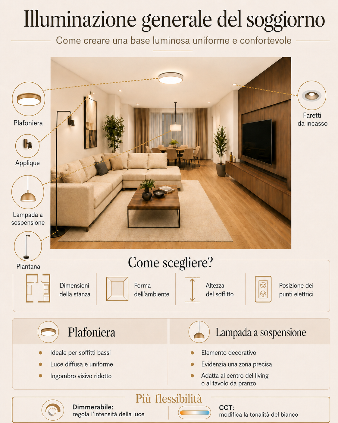 Infografica tecnica illuminazione soggiorno e salotto: i tre livelli di luce