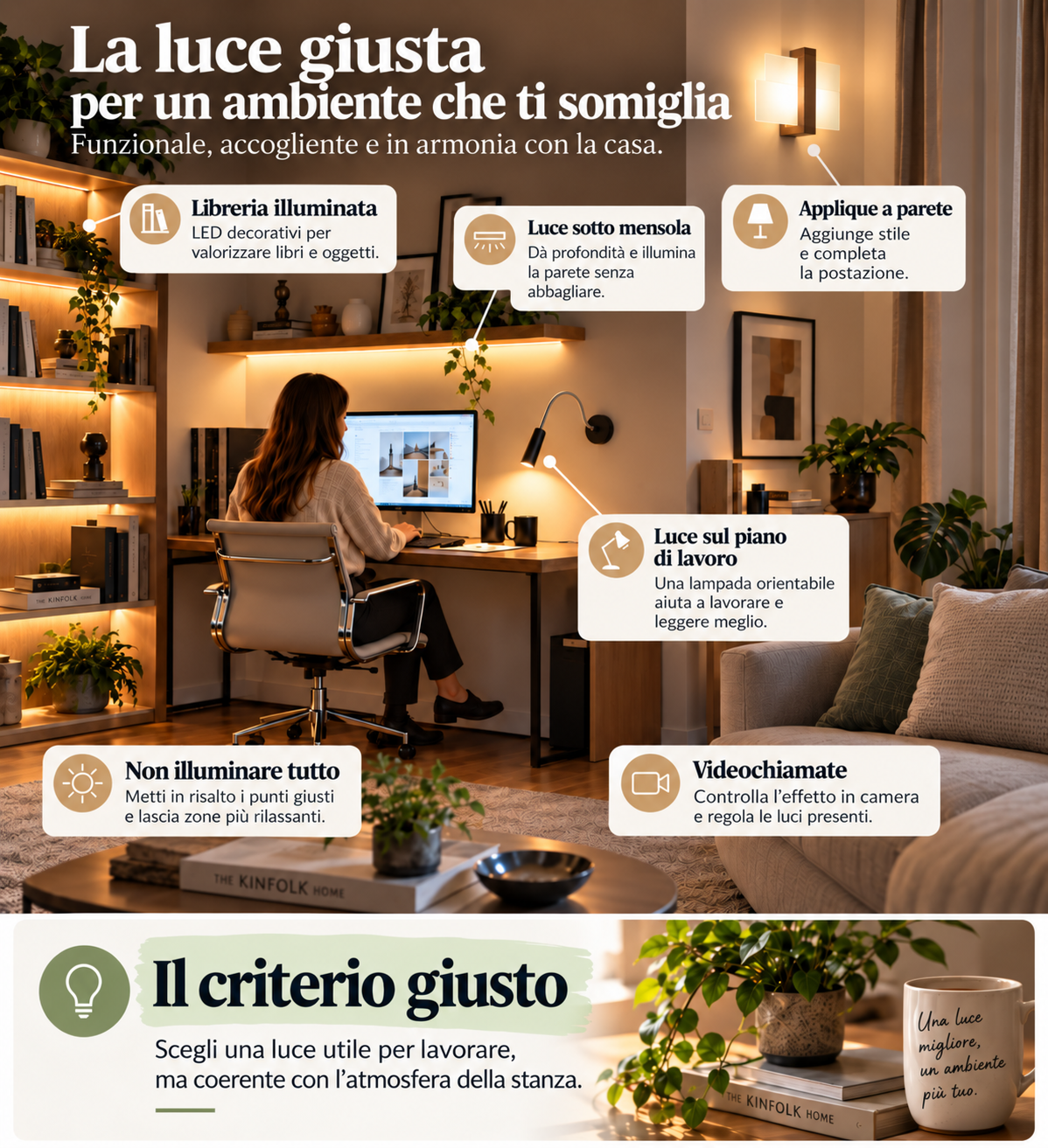 Luce d’atmosfera per l’angolo studio: libreria e mensole illuminate con LED