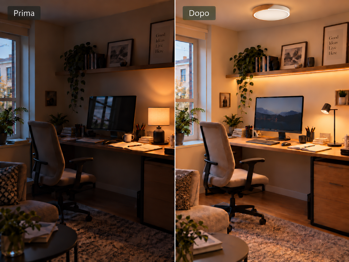 Postazione smart working prima e dopo: scrivania con illuminazione LED migliorata